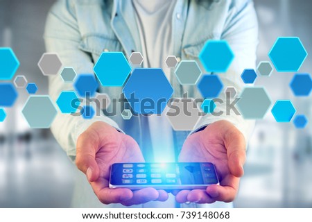 View of a 3d render empty aplication made of blue hexa button displayed on a futuristic interface