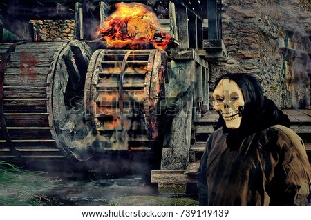 Spooky fantasy water mill with skull and pumpkin, Scary night scene with Grim Reaper and pumpkin at the old abandoned water mill