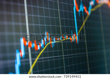  Share price candlestick chart. Finance background data graph. Stock market chart, graph on blue background. Stock trade live. Blue background with stock chart. Blue screen of finance data. 
