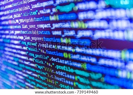 Digital binary data on computer screen. Monitor closeup of function source code. Website HTML Code on the Laptop Display Closeup Photo. Website programming code. Big data database app. 
