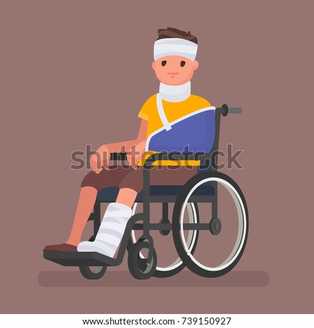 A sick man with injuries and gypsum sits in a wheelchair. Vector illustration in a flat style Royalty-Free Stock Photo #739150927