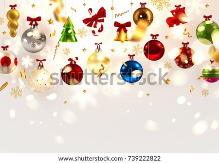 Christmas decorations | New Year blurred winter background with snowflakes, confetti,  bokeh and sparkles | Vector illustration