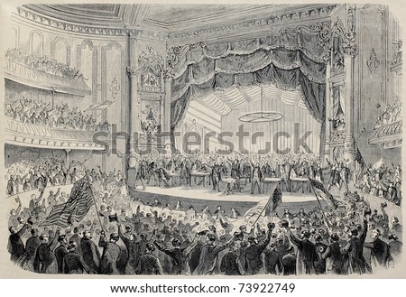 Antique illustration of presidential electoral meeting in Chicago Opera theater. Created by Gaildrau and Cosson-Smeeton, published on L'Illustration, Journal Universel, Paris, 1868