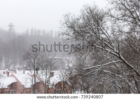 Beautiful winter landscape. Snow covered trees and town.