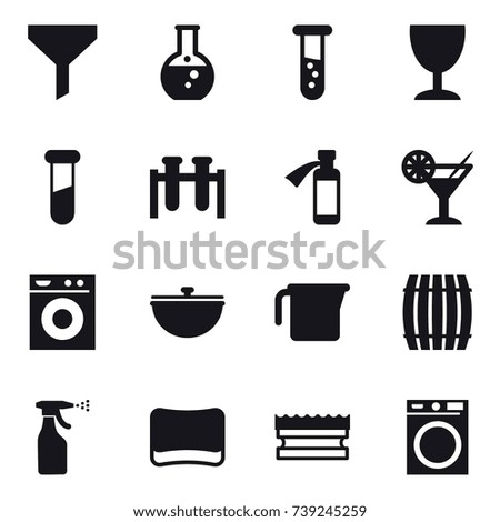 16 vector icon set : funnel, round flask, vial, wineglass, cocktail, washing machine, cauldron, measuring cup, barrel, sprayer, sponge