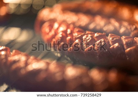 Delicious homemade baked sausage in oven with shallow depth of field.