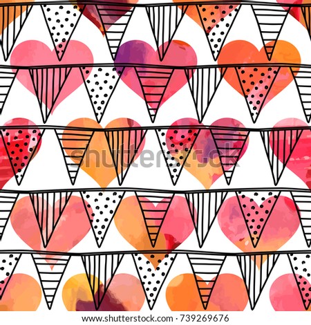 Seamless pattern with flags and hearts. Can be used as background, packaging paper, cover, fabric and etc. Freehand drawing
