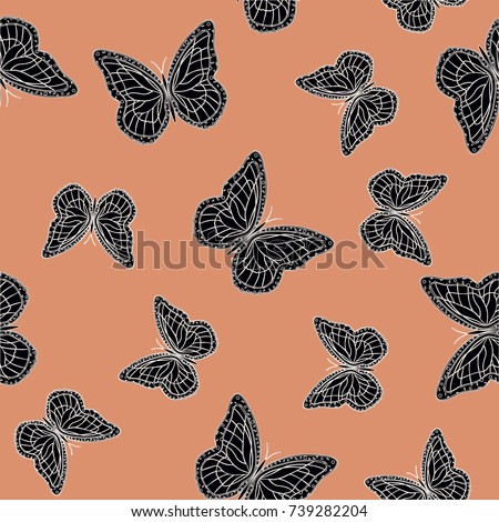 Seamless background from butterflies. Beautiful butterflies chaotically fly randomly. Vector. Suitable for fabric, paper, packaging.