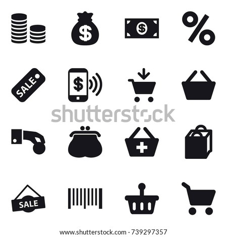16 vector icon set : coin stack, money bag, money, percent, sale, phone pay, add to cart, basket, hand coin, purse, add to basket, shopping bag, barcode, cart