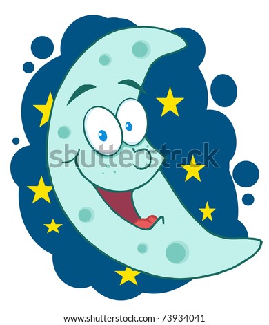 Happy Blue Moon Mascot Cartoon Character In The Sky
