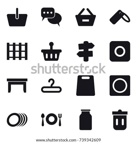 16 vector icon set : basket, discussion, remove from basket, signpost, ring button, table, hanger, cutting board, trash bin