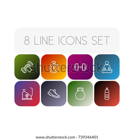 Set Of 8 Bodybuilding Outline Icons Set.Collection Of Yoga, Exercise Bike, Workout And Other Elements.
