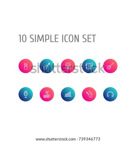 Set Of 10 Song Outline Icons Set.Collection Of Fiddle, Guitar, Harmonica And Other Elements.