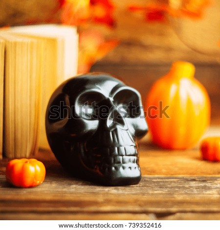 mystical background on Halloween: black book, skull and candle and pumpkins