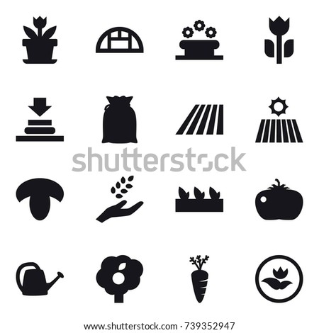 16 vector icon set : flower, greenhouse, flower bed, field, mushroom, harvest, seedling, tomato, watering can, garden, carrot, ecology