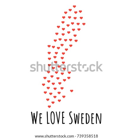 Sweden Map with red hearts- symbol of love. abstract background with text We Love Sweden. vector illustration. Print for t-shirt