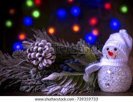 Christmas composition with snowman and fir branches in vintage style, horizontal