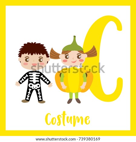Cute children ABC alphabet C letter flashcard of Costume for kids learning English vocabulary in Happy Halloween Day theme. Vector illustration.