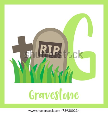 Cute children ABC alphabet G letter flashcard of Gravestone for kids learning English vocabulary in Happy Halloween Day theme. Vector illustration.
