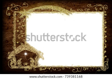 Christmas Nativity greetings cards, Star of Bethlehem, Nativity Scene and golden frame , empty white background  for message or photo. Royalty-Free Stock Photo #739381168