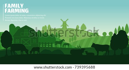 Vector farming illustration. Rural landscape, farm animals and design elements Royalty-Free Stock Photo #739395688