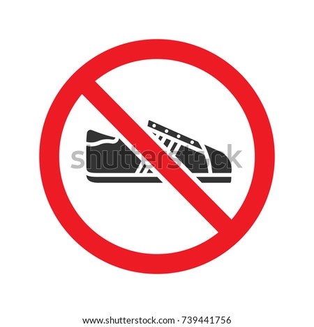 Forbidden sign with sneaker glyph icon. Stop silhouette symbol. No shoes prohibition. Negative space. Vector isolated illustration