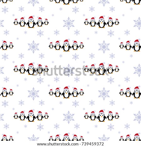 Penguins in a Santa hats. Snowfall. Seamless vector illustration on a white background. Flat design style. Swatch inside