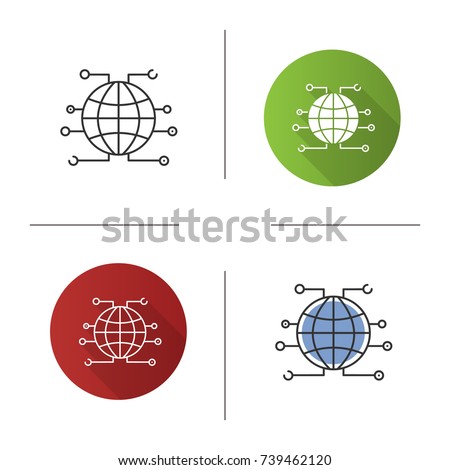 Global cryptocurrency icon. World wide web. Cryptocurrency. Globe. Flat design, linear and color styles. Isolated vector illustrations