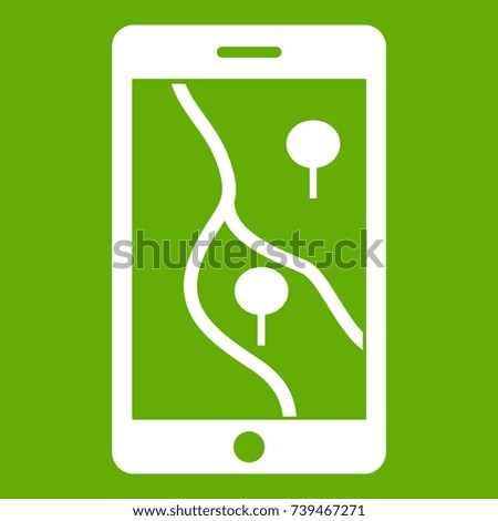 Smartphone with GPS navigator icon white isolated on green background. Vector illustration