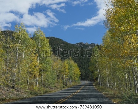 Scenic road view at the Golden Gate Canyon State Park, Colorado on a bright day in autumn