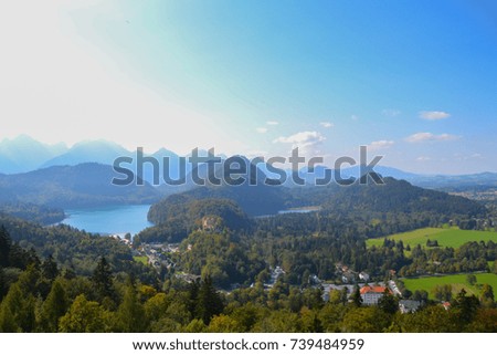View of a village at Bavaria - from the top of Neuschwanstein Castle, Germany. Region of Hohenschwangau, near of Fussen