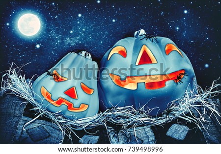 Creepy Halloween pumpkins outdoors in full moon night, festive glowing jack-o-lantern with spiders, autumn holiday decoration