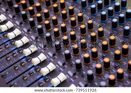 professional sound mixer knob and controls. Close up picture. 