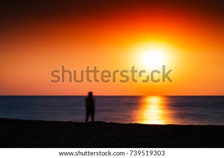Horizontal vivid meeting ocean sunset lonely man abstraction landscape background backdrop 