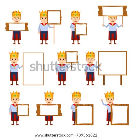 Set of young king characters posing with different wooden signboards. Cheerful medieval prince holding sign, banner, pointing to whiteboard. Flat style vector illustration