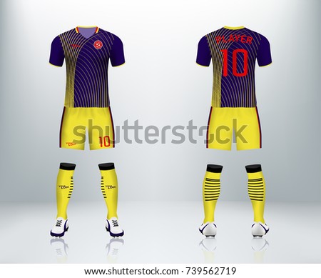 3D realistic of front and back of yellow soccer jersey t-shirt with pants and socks on shop backdrop. Concept for soccer team uniform or football apparel mockup template in vector 