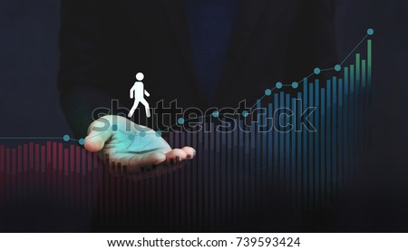 Company Helping and Supporting Customer to Success with Care Concept, Person Steps on Graph over a Careful Gesture Hand Royalty-Free Stock Photo #739593424