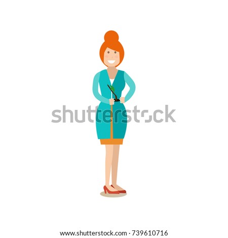 Vector illustration of scientist biologist female holding plant. Science people concept flat style design element, icon isolated on white background.