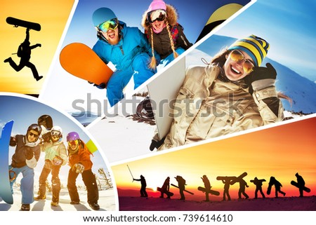 Collage of five ski fun photos with lots ofskiers and snowboarders having fun