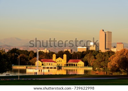 Denver's Downtown City Park with the Mountains at sunrise, Urban Skyline, Colorado