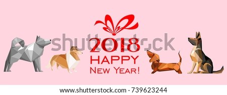 2018 Happy New Year greeting card. Celebration background with Dogs and place for your text. Horizontal Banner Design. Vector illustration