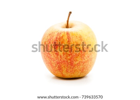 Fresh ripe autumn apple. Diet vegetarian food and healthy lifestyle concept. Traditional delicious fruit. Detailed closeup studio shot isolated on a white background