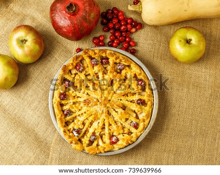 Fall traditional apple pie still life with pumpkin, cranberry and apples
