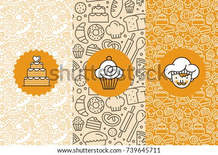 Vector set of design templates and elements for bakery packaging in trendy linear style - seamless patterns with linear icons related to baking, cafe, cupcake shop and logo design templates Royalty-Free Stock Photo #739645711