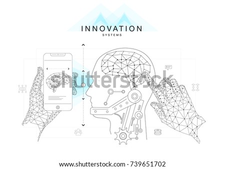 Trendy technics Innovation systems layouts in polygon contour line composition, future analysis and technology operations. Made in awesome really geometry style with linear pictogram of future design