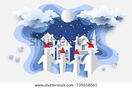 scenery in the winter with families in front of the house and snowy hills. design paper art and crafts