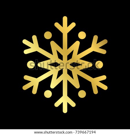 Gold Christmas snowflake icon. Golden silhouette snow flake sign isolated on black background. Elegant design for card, greeting, decoration. Shine texture. Symbol of winter Vector illustration