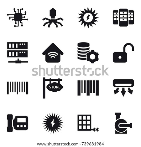 16 vector icon set : chip, virus, sun power, server, wireless home, virtual mining, unlock, barcode, store signboard, air conditioning, intercome, water pump