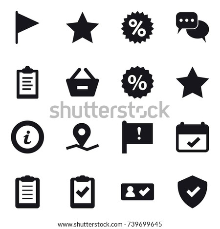 16 vector icon set : flag, star, percent, discussion, clipboard, remove from basket, info, check in