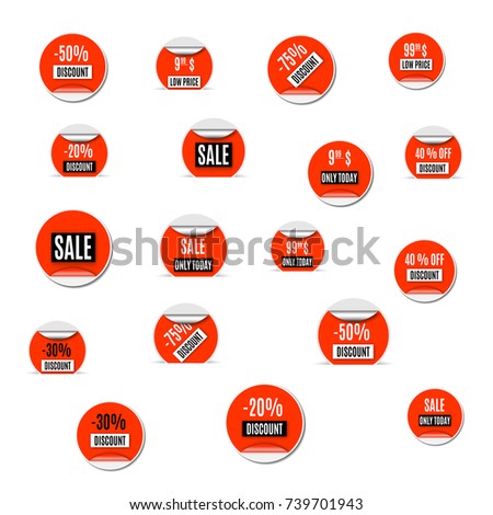 Set of red paper stickers discount and sale, isolated on white background. Design elements labels and tags, vector illustration.